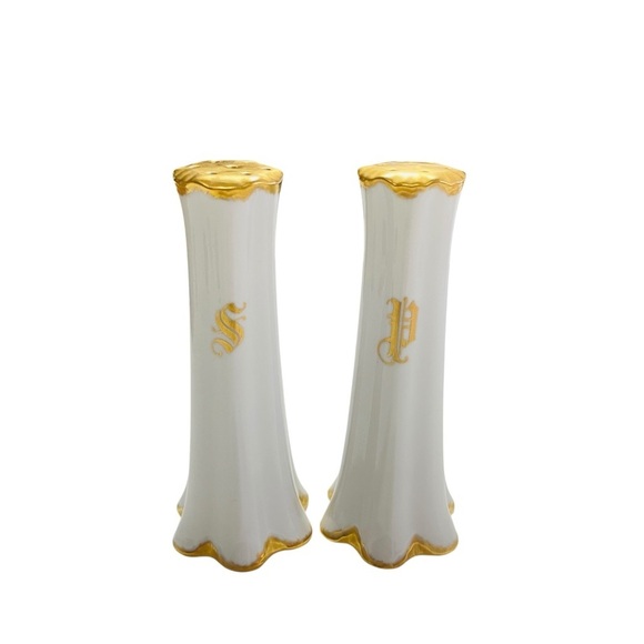 Tall White Porcelain Hutschenreuther Salt & Pepper Shakers / Gold Trim Germany - Picture 8 of 12